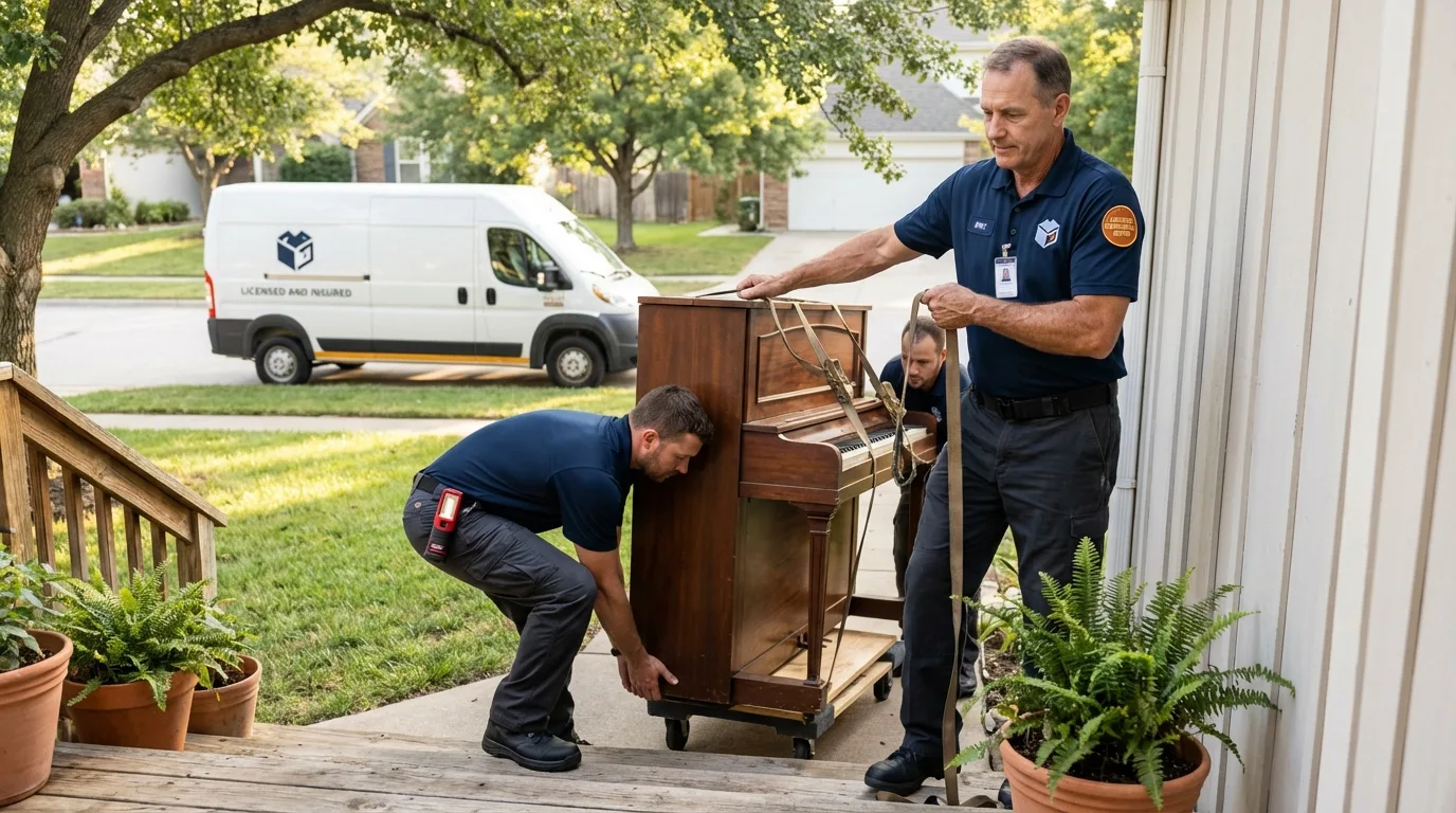 Licensed piano movers securing grand piano in Idalou, TX