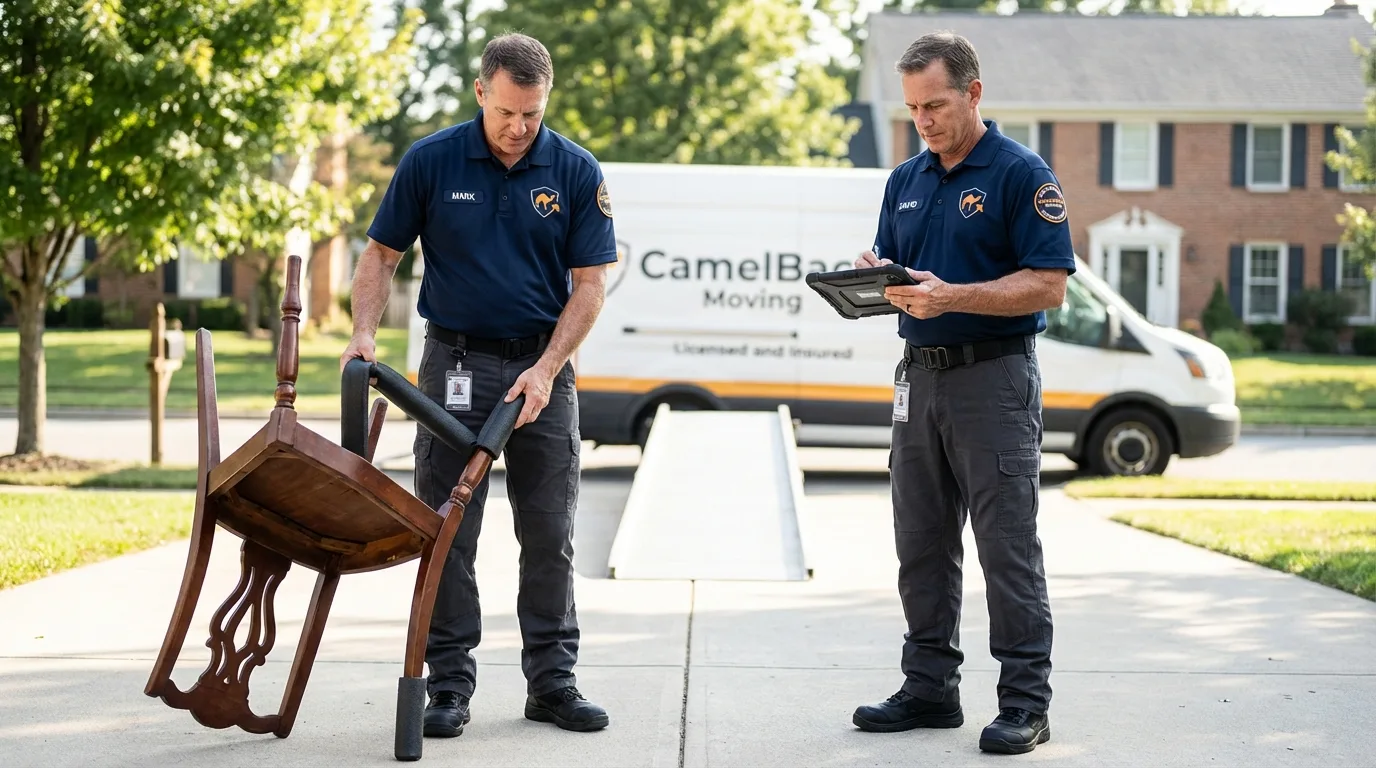 Movers inspecting furniture for damage prevention before loading in Idalou, TX