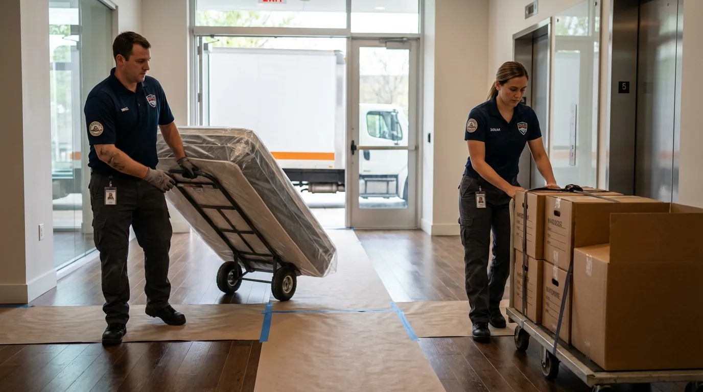 Professional apartment movers loading elevator in Idalou, TX